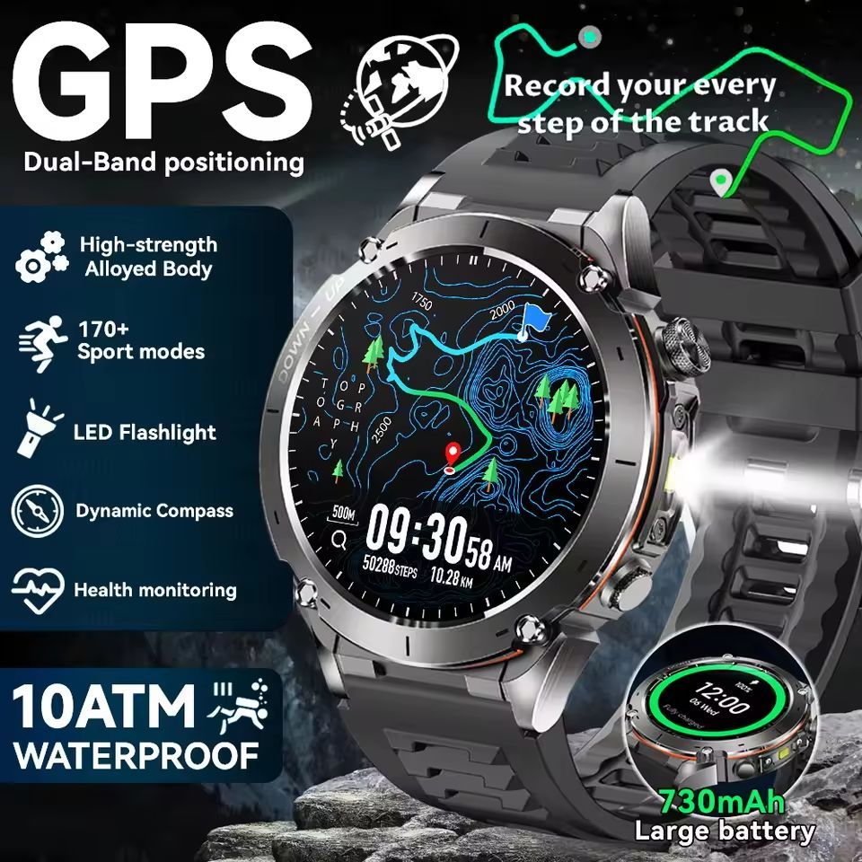 2025 ใหม่ GPS สมาร์ทวอท์ชในตัว Dual-Band GNSS 10ATM กันน้ําผู้ชาย AMOLED HD หน้าจอ 730 mAh แบตเตอรี่ LED เข็มทิศความสูงบารอมิเตอร์ 100 + โหมดกีฬา Smartwatch