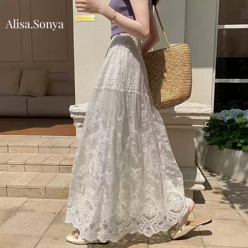 Alisa.Sonya กระโปรงยาว เอวสูง เอวยางยืด ทรงเอ สีขาว ลูกไม้ ผู้หญิง 24AS1119