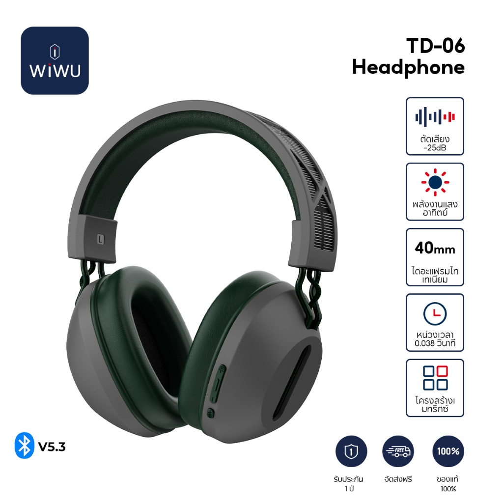 WIWU TD-06 หูฟังตัดเสียงรบกวน -25dB พลังงานแสงอาทิตย์ 40mm ไดอะแฟรมไทเทเนียม เสียงเกม 0.038s
