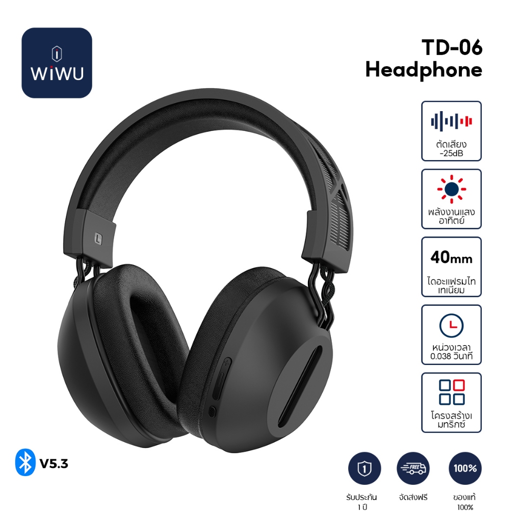 WIWU TD-06 หูฟังตัดเสียงรบกวน -25dB พลังงานแสงอาทิตย์ 40mm ไดอะแฟรมไทเทเนียม เสียงเกม 0.038s