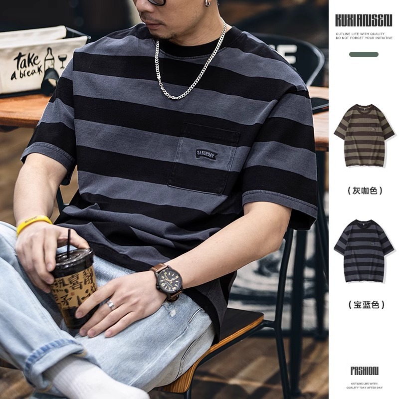 วูลูแวร์ ผ้าฝ้ายแท้ล้างลายแขนสั้นเสื้อยืดผู้ชายฤดูร้อน 2025 สไตล์ใหม่สไตล์อเมริกันเล็กน้อยหลวมรอบคอสบายๆครึ่งแขน