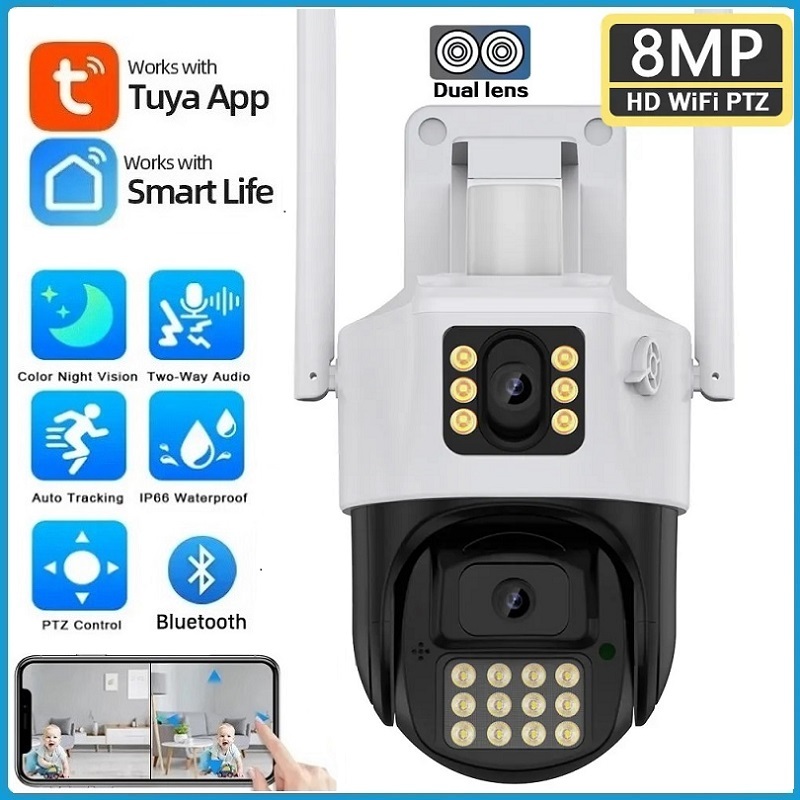 Tuya/Smart Life กล้องวงจรปิด WiFi 8MP กลางแจ้งเลนส์คู่และหน้าจอคู่ PTZ AI Human Detection การติดตามอัตโนมัติการเฝ้าระวังวิดีโอความปลอดภัยกล้อง