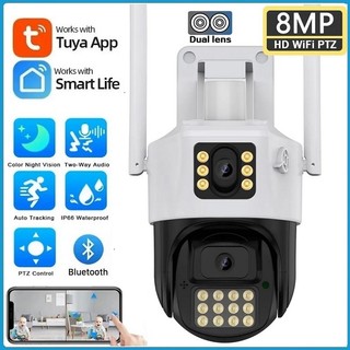 Tuya/Smart Life กล้องวงจรปิด WiFi 8MP กลางแจ้งเลนส์คู่และหน้าจอคู่ PTZ AI Human Detection การติดตามอัตโนมัติการเฝ้าระวังวิดีโอความปลอดภัยกล้อง