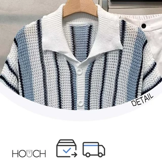 Houch พร้อมส่ง COD ผู้ชาย เสื้อถักแขนสั้นทรงหลวมลายทางอเมริกันพร้อมดีไซน์มินิมอลแบบตัดออก