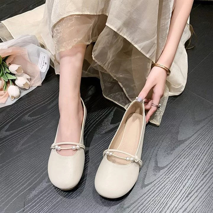 Chic Stroll รองเท้าสตรีแมรี่เจน สไตล์ฤดูร้อนใหม่ รองเท้าส้นแบนตื้นอเนกประสงค์ รองเท้าส้นเตี้ยมุกสไตล์อ่อนโยน