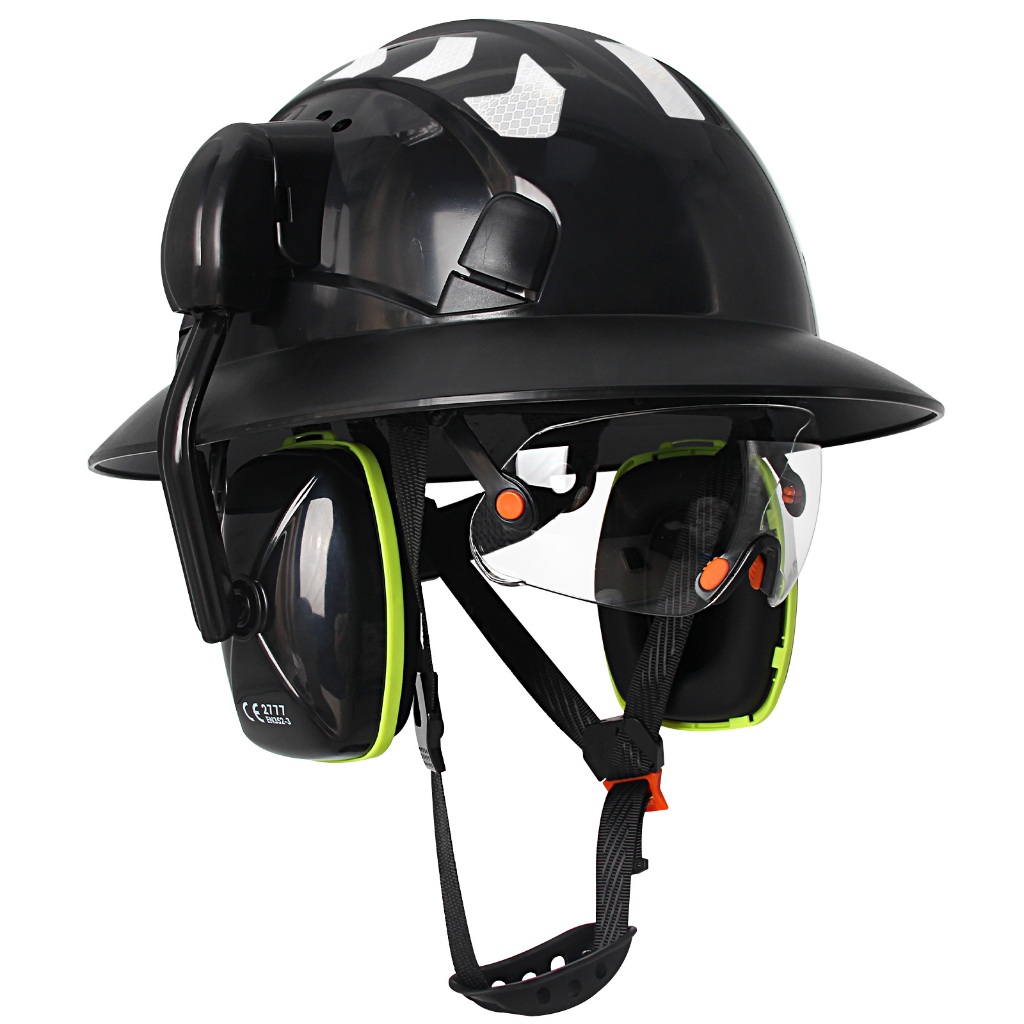 AOLAMEGS Full Brim หมวกนิรภัยแว่นตาป้องกัน Earmuffs สติกเกอร์สะท้อนแสง 6 จุด CE ANSI