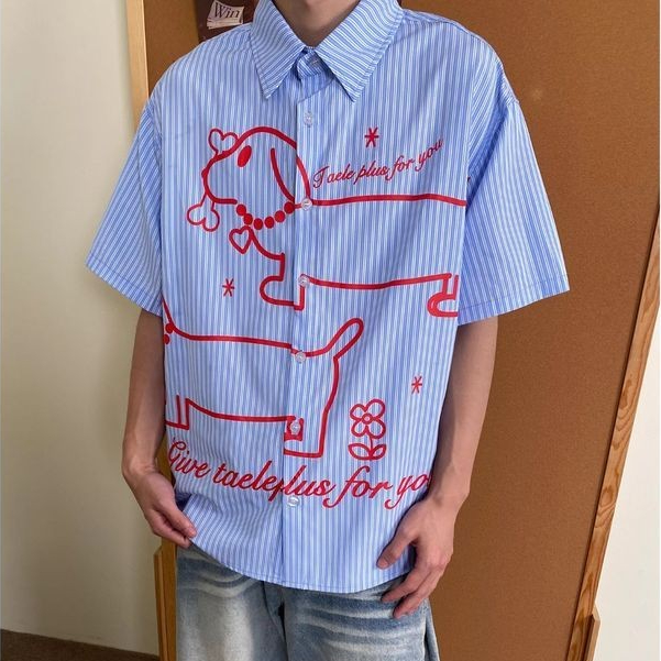 เอร์เชนชิ สไตล์ญี่ปุ่นสนุกไส้กรอกสุนัขพิมพ์ลายเสื้อแขนสั้นคู่หลวมแบรนด์อินเทรนด์เสื้อลําลอง