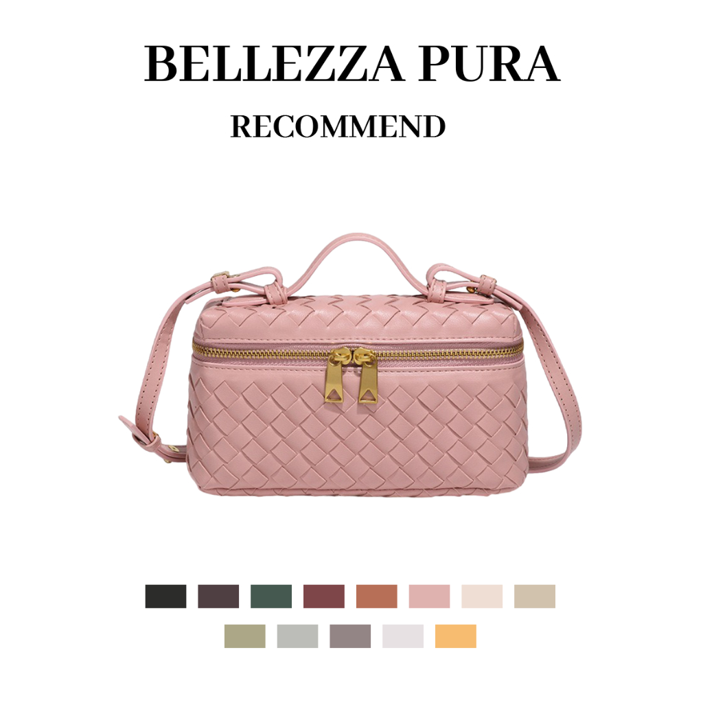 Bellezza Pura กระเป๋าถักหนังทรงกล่องสำหรับสตรี ที่มีสายสะพายยาวสะพายไขว้ได้ ใช้งานได้หลายโอกาส