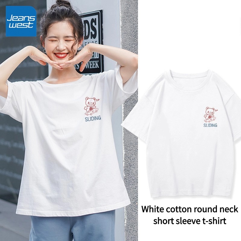 เสื้อแขนสั้นผู้หญิง Jeanswest สไตล์เกาหลี คอกลม ผ้าฝ้าย โอเวอร์ไซส์ สีขาว อินเทรนด์