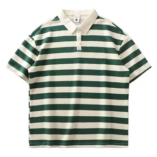 เสื้อโปโลทรงหลวมลายทางสไตล์เกาหลีสําหรับผู้ชาย - เสื้อลําลองแขนสั้นระบายอากาศ
