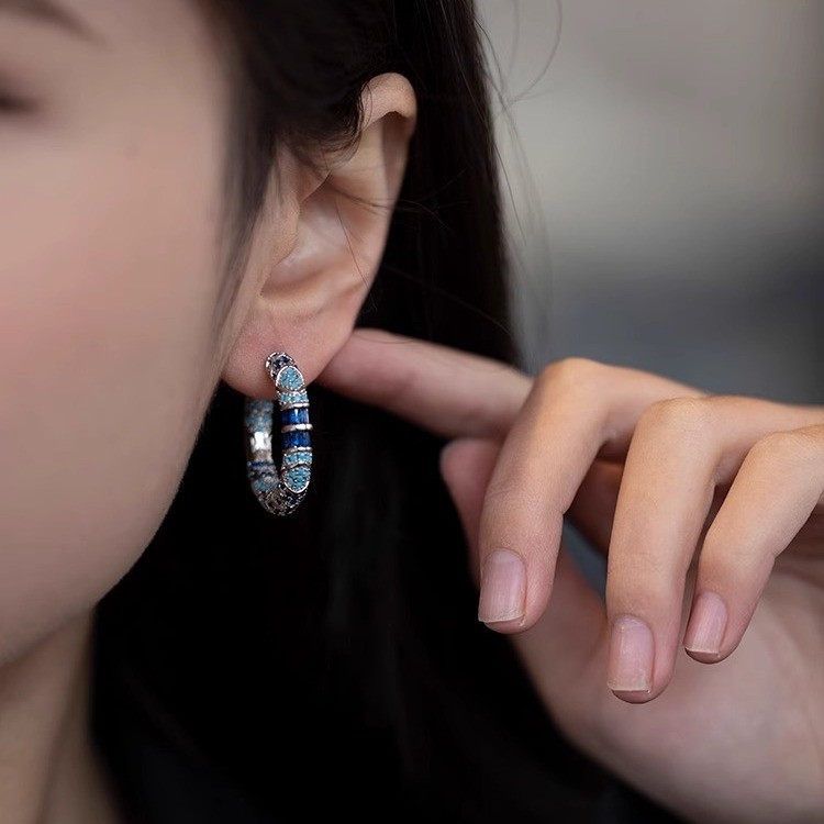 [GG] ต่างหูห่วงลายเพทายสีน้ําเงินย้อนยุคต่างหูสไตล์แปลกใหม่ผู้หญิง - รูปที่ 4