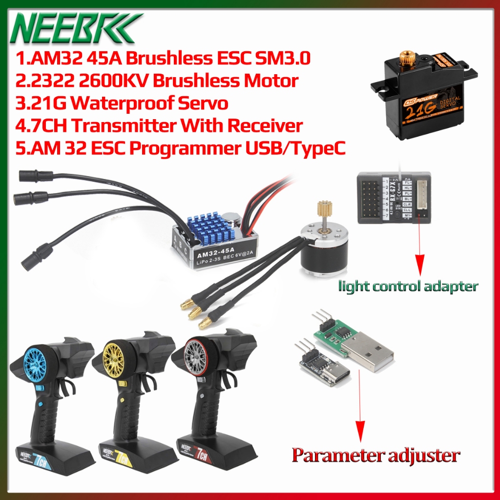 Neebrc 2322 2600KV มอเตอร์ไร้แปรง AM32 45A ESC Param อะแดปเตอร์ 21G Servo 7CH TX & RX สําหรับ 1/12 R