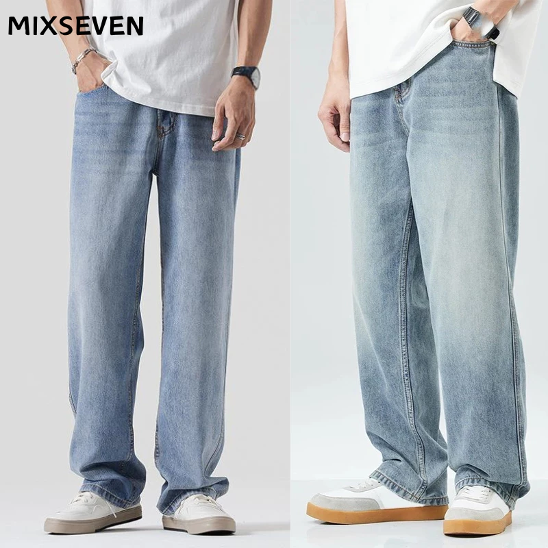 Mixseven-กางเกงยีนส์ผู้ชาย ทรงหลวม ย้อนยุค สไตล์เกาหลี baggy jeans ทรงกระบอก แฟชั่น ผ้ายีนส์นิ่ม ใส่สบาย