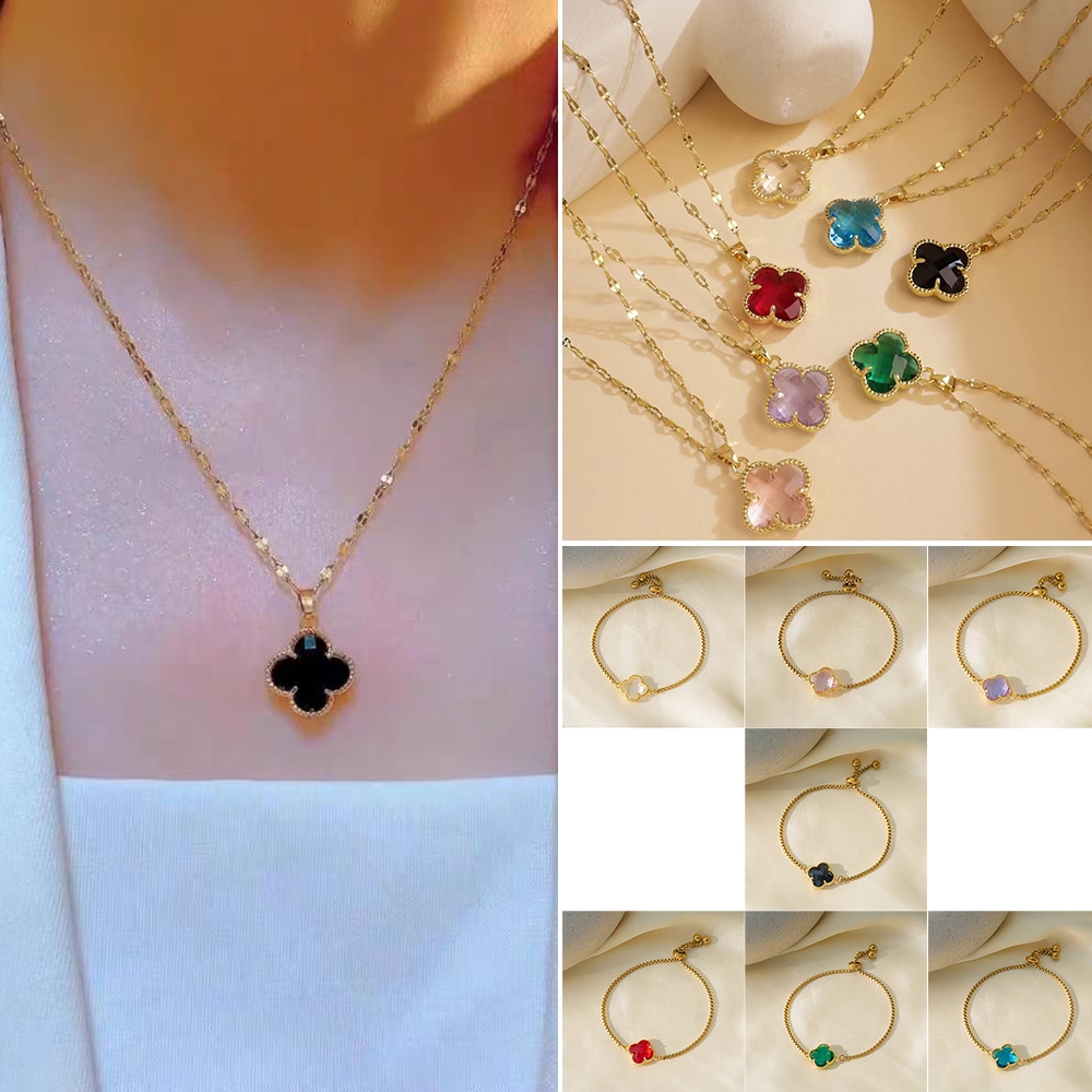 SHINY สร้อยข้อมือสร้อยคอสแตนเลสคริสตัลเทียมดอกไม้สี่ใบ, กันน้ํากันเหงื่อจะไม่จางหาย, ความรู้สึกระดับไฮเอนด์คลาสสิกเรียบง่าย, เหมาะสําหรับผู้