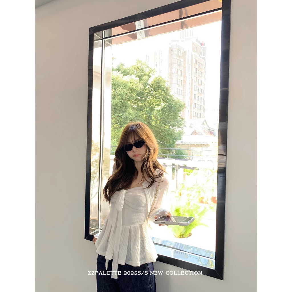 【BANKO】เวอร์ชั่นเกาหลีชุดฤดูร้อนผู้หญิงสลิมฟิตแจ็คเก็ตถักแขนยาวสีขาว + พื้นรองเท้า