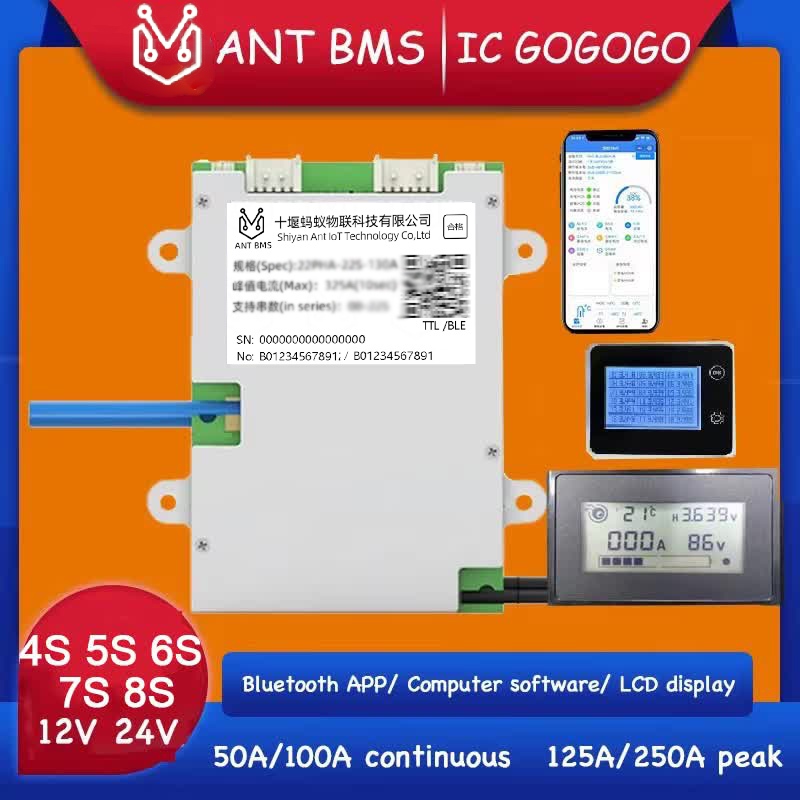 7S ถึง 8S ANT BMS สมาร์ท 5S 6S 7S 12V 24V แบตเตอรี่ลิเธียมป้องกัน Li-ion Lifepo4 50A 100A 125A 250A 