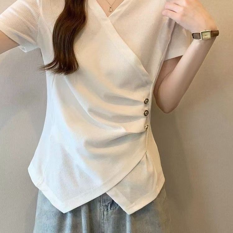 เสื้อยืดแขนสั้นคอวีลําลองพลัสไซส์แฟชั่นใหม่สําหรับผู้หญิง