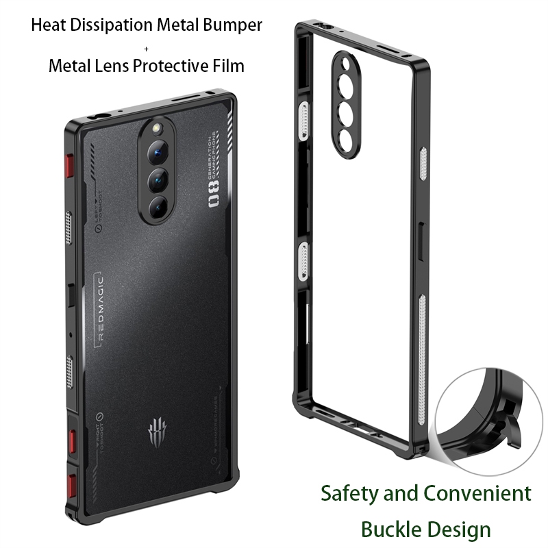 หรูหราอลูมิเนียมกันชนสําหรับ Nubia Red magic Redmagic 8 8S Pro Plus Pro + 5G กรณีโลหะกล้องป้องกันฟิล์มการกระจายความร้อนกรอบโลหะความปลอดภัยหัวเข็มขัดออกแบบปลอก