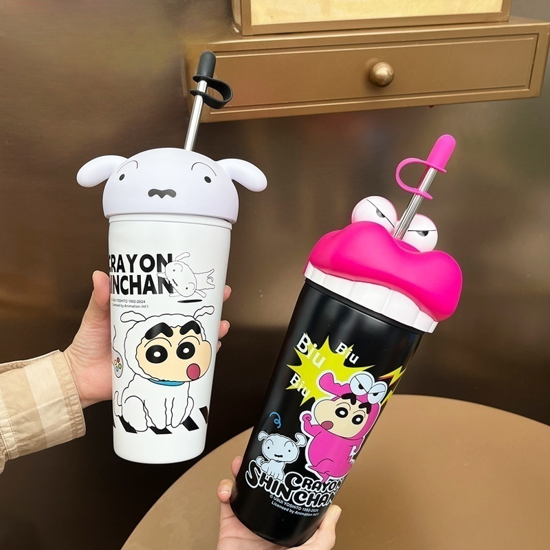 600ML Crayon Shin-Chan Icemaster ถ้วยน้ําฟางนักเรียนถ้วยน้ํา 304 วัสดุสแตนเลส