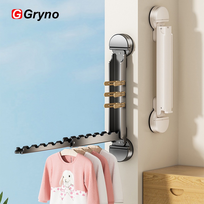 Gryno ถ้วยดูดราวตากผ้าพับติดผนังหดไม้แขวนเสื้อชั้นแบบพกพาเดินทางไม้แขวนเสื้อ