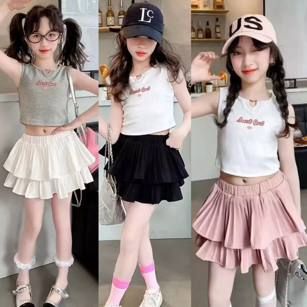 2-12ปีกระโปรงจีบมินิสําหรับเด็กผู้หญิงสไตล์เกาหลีสไตล์ชั้นเค้กใหม่กระโปรงสั้นเอวสูงธรรมดาสําหรับเด็กผู้หญิง
