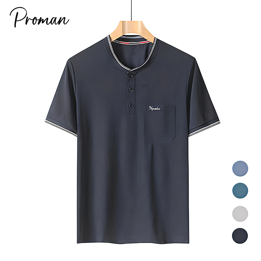 ⚡ProMan⚡แขนสั้นผ้าไหมไอซ์สำหรับผู้ชายฤดูร้อน  ยืดหยุ่นสูง  แบบหลวม  สไตล์ธุรกิจ  กระเป๋า  สีต่อ