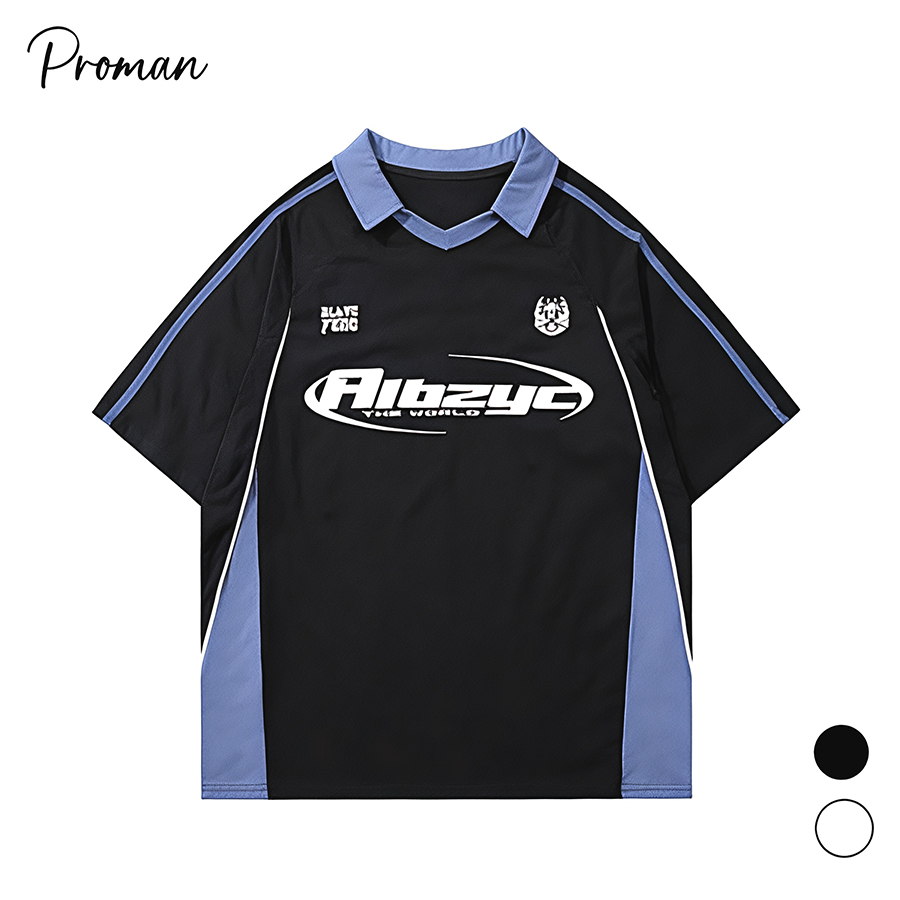 ⚡ProMan⚡ผู้ชายเย็บสีแขนสั้น  เสื้อโปโล  สไตล์อเมริกันวินเทจ  ชุดคู่รัก  แบบหลวม  ลำลอง