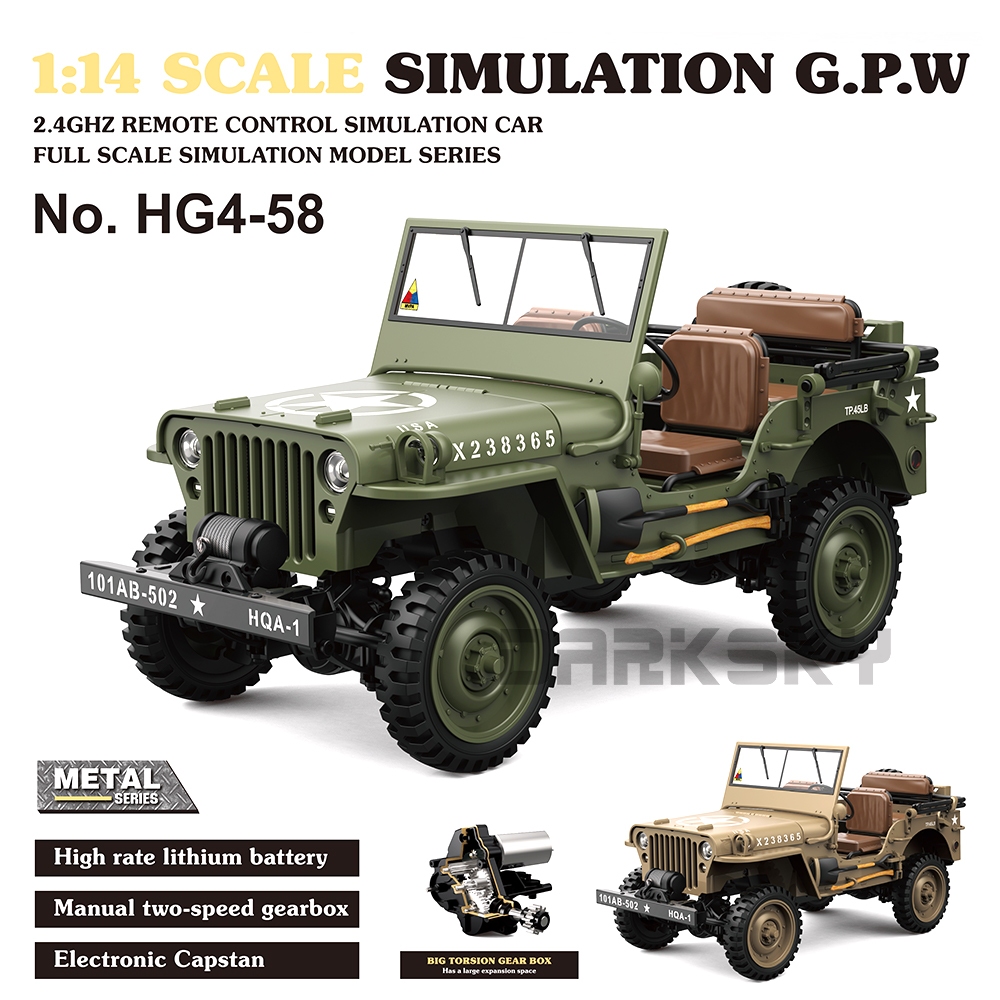 HG4-58 Willys 1/14 RC รีโมทคอนโทรลไฟฟ้ารุ่นรถ MINI จําลองทหารรถบรรทุก Aldult ของเล่นเด็ก
