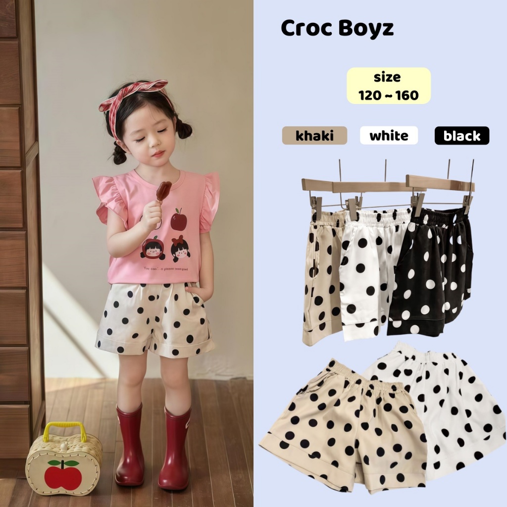 Croc Boyz พร้อมส่ง กางเกงขาสั้นเด็กผู้หญิงฤดูร้อน ลายจุดบางสบาย สไตล์เกาหลี แฟชั่น ไซส์ 120-160