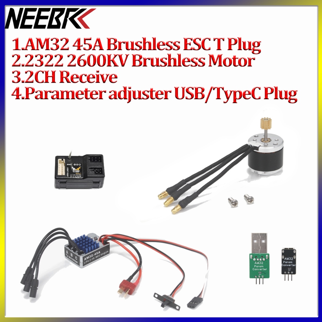 2322 2600KV Outrunner มอเตอร์ไร้แปรง AM32 45A ESC T ปลั๊ก 2CH ตัวรับสัญญาณ USB/T ปลั๊ก Parameter Adj
