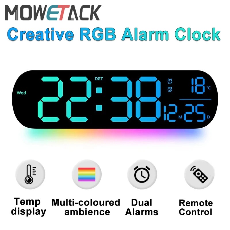 นาฬิกาแขวนดิจิตอล LED พร้อมรีโมทคอนโทรลไฟโดยรอบ 14 นาฬิกาปลุก RGB สร้างสรรค์ 2 นาฬิกาปลุกสําหรับห้องนอนตกแต่งบ้าน
