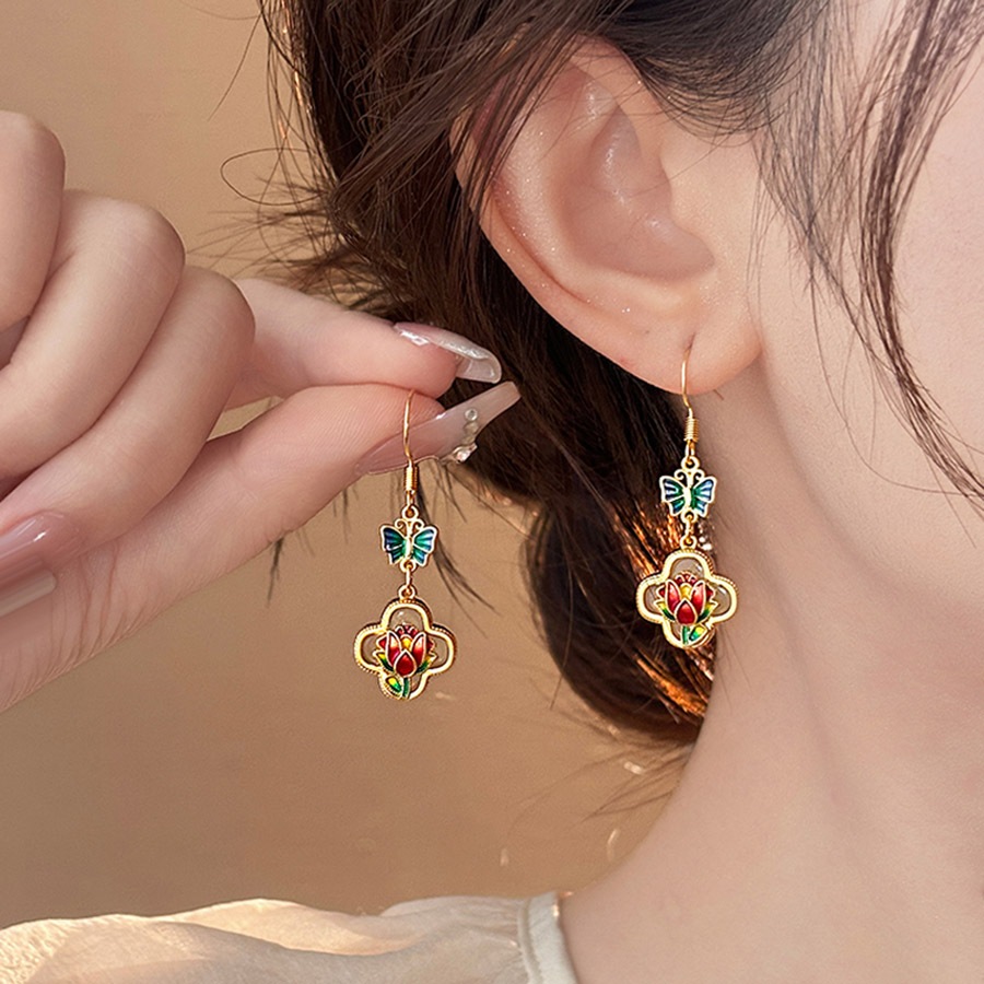 สูง-จบ ต่างหูเฉพาะหญิงเคลือบดอกไม้ผีเสื้อที่มีสีสันต่างหูต่างหูสไตล์ใหม่