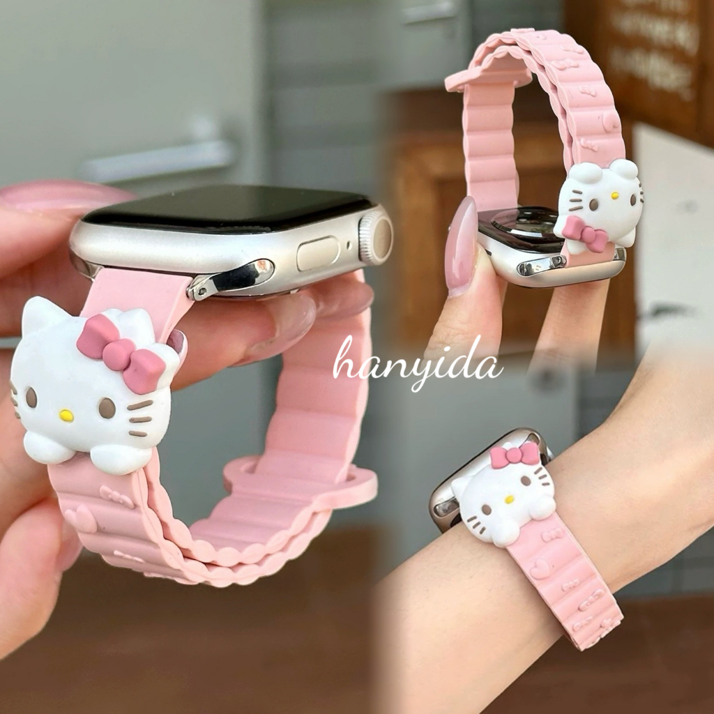 ใหม่น่ารัก KT 3D Cat ซิลิโคน Loopback Magnetic Bow BUCKLE สำหรับ iwatchs10 Apple band Watch Series 987se654สายนาฬิกา Ultra2 SE