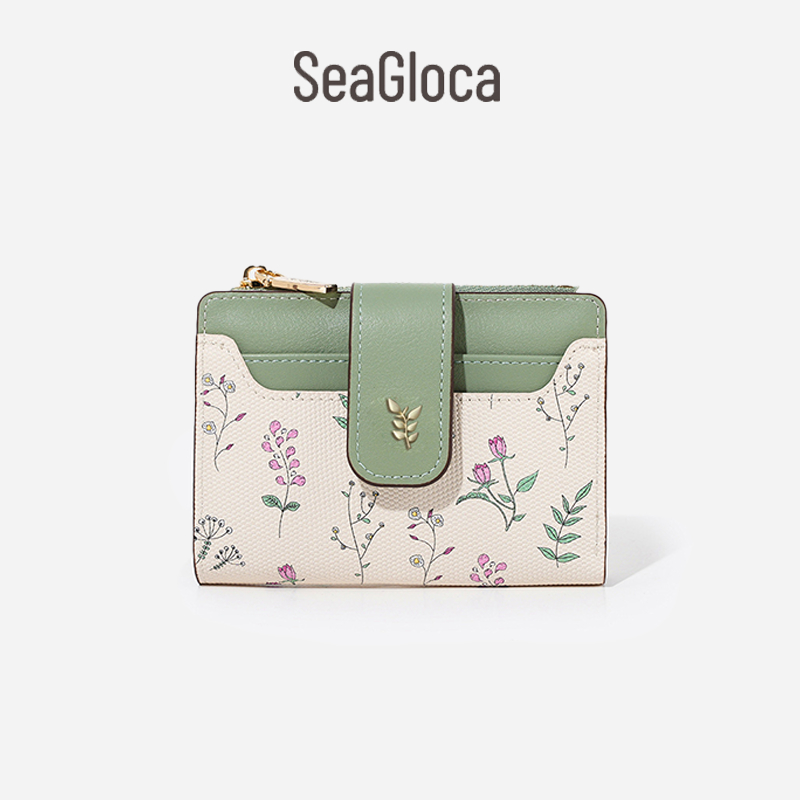 Seagloca ใหม่แฟชั่น Niche Simple คลาสสิกพิมพ์ดอกไม้ซิปสด Bifold กระเป๋าสตางค์สั้นสําหรับผู้หญิงไม่มี 1845