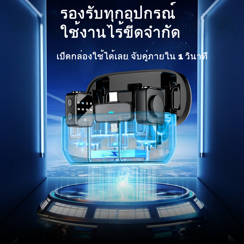 ไมโครโฟนไร้สาย ไมโครโฟนไร้สาย พร้อมตัวรับสัญญาณ 2 ตัว ลดเสียงรบกวน พร้อมกล่องชาร์จ ใช้ได้กับ iPhone/Type-C