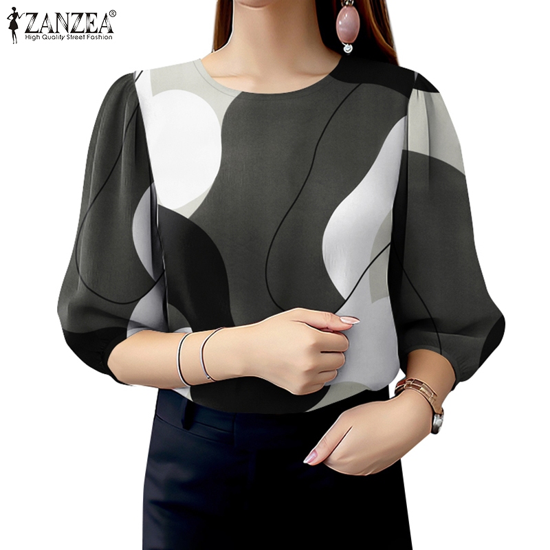 ZANZEA အမျိုးသမီးဝတ် vintage စတိုင် O-Neck လက် 3/4 လက်ရှည် လายပန်းပုံနှိပ်
