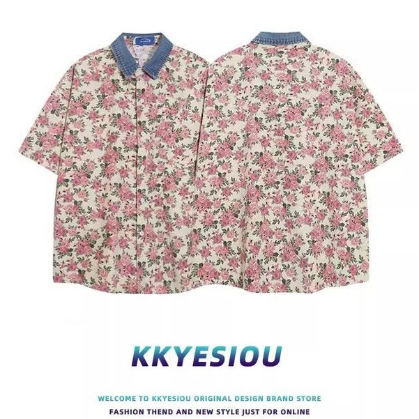 เสื้อเชิ้ตผู้ชาย ทรงย้อนยุค ลายดอกไม้ แขนสั้น หลวม สบายๆ ฤดูร้อน