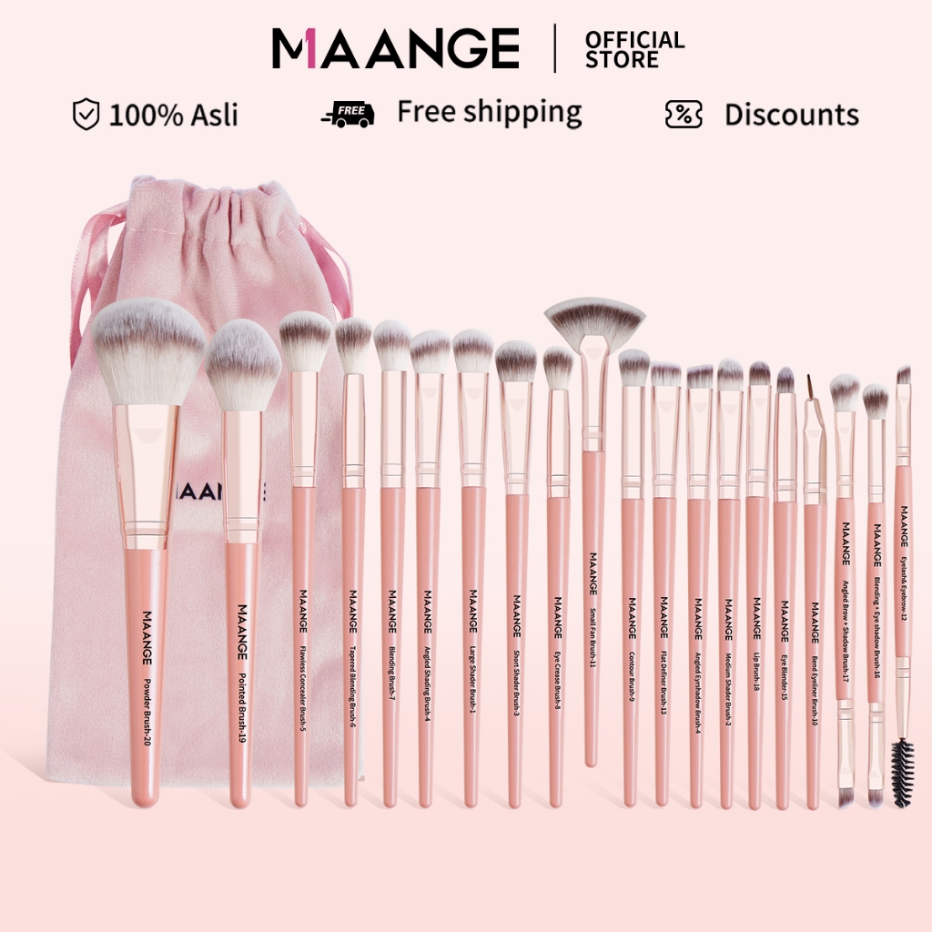 MAANGE ชุดแปรงแต่งหน้ามืออาชีพ สีชมพู พร้อมกระเป๋า ขนแปรงนุ่มสบายสำหรับดวงตาและใบหน้า 5748
