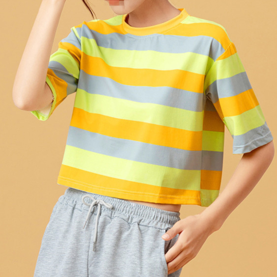 【WJZ】เสื้อยืดลำลอง สีสันสดใส ลายทาง(สีเหลือง/ชมพู)【T66#】
