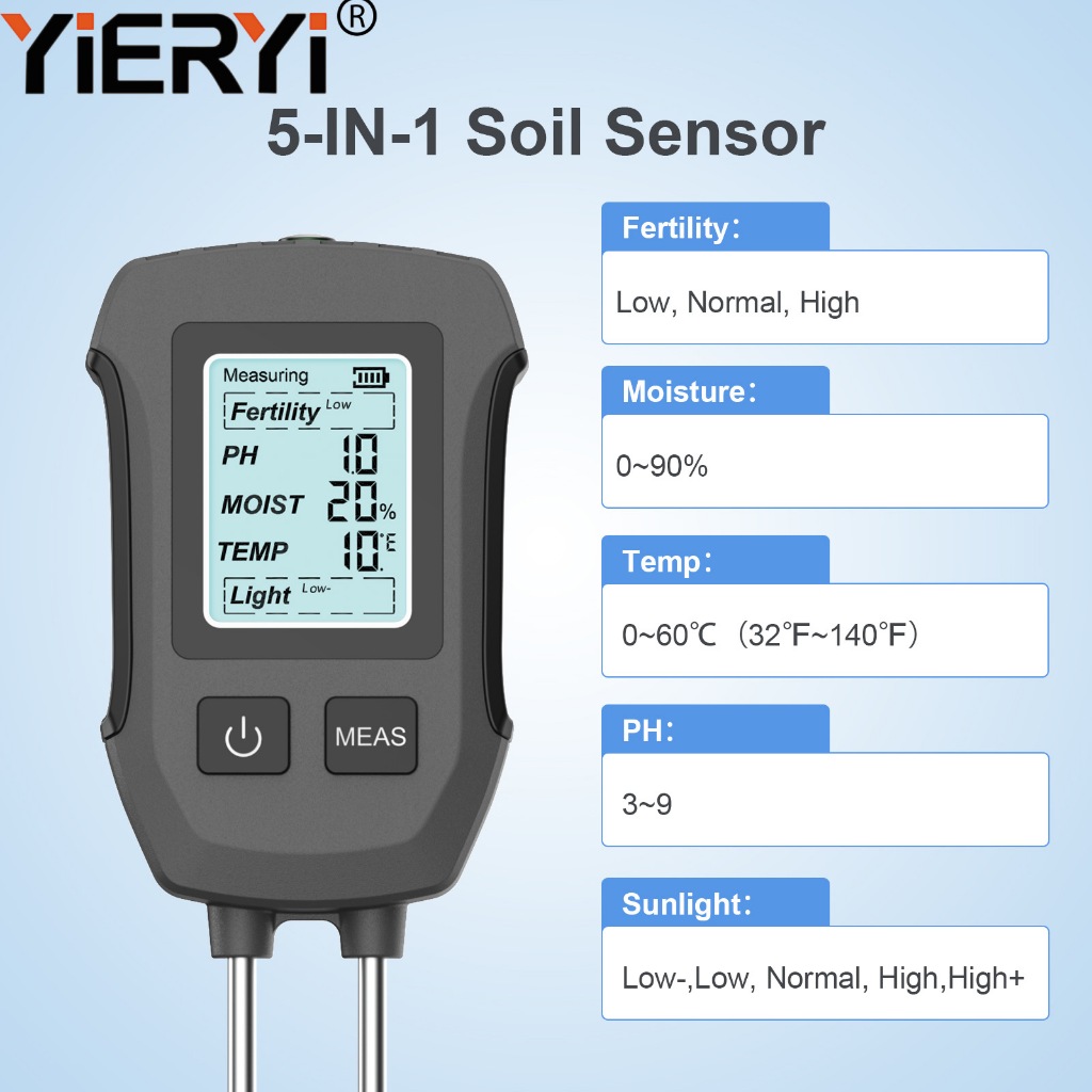 YIERYI เครื่องวิเคราะห์ดินที่แม่นยําสูง 5-in-1 – การเจริญพันธุ์ระดับห้องปฏิบัติการ /pH/เซ็นเซอร์ความชื้นเพื่อการเกษตร, Orchards & Hydroponics – การอุดตันข้อมูลและทนต่อการกัดกร่อน