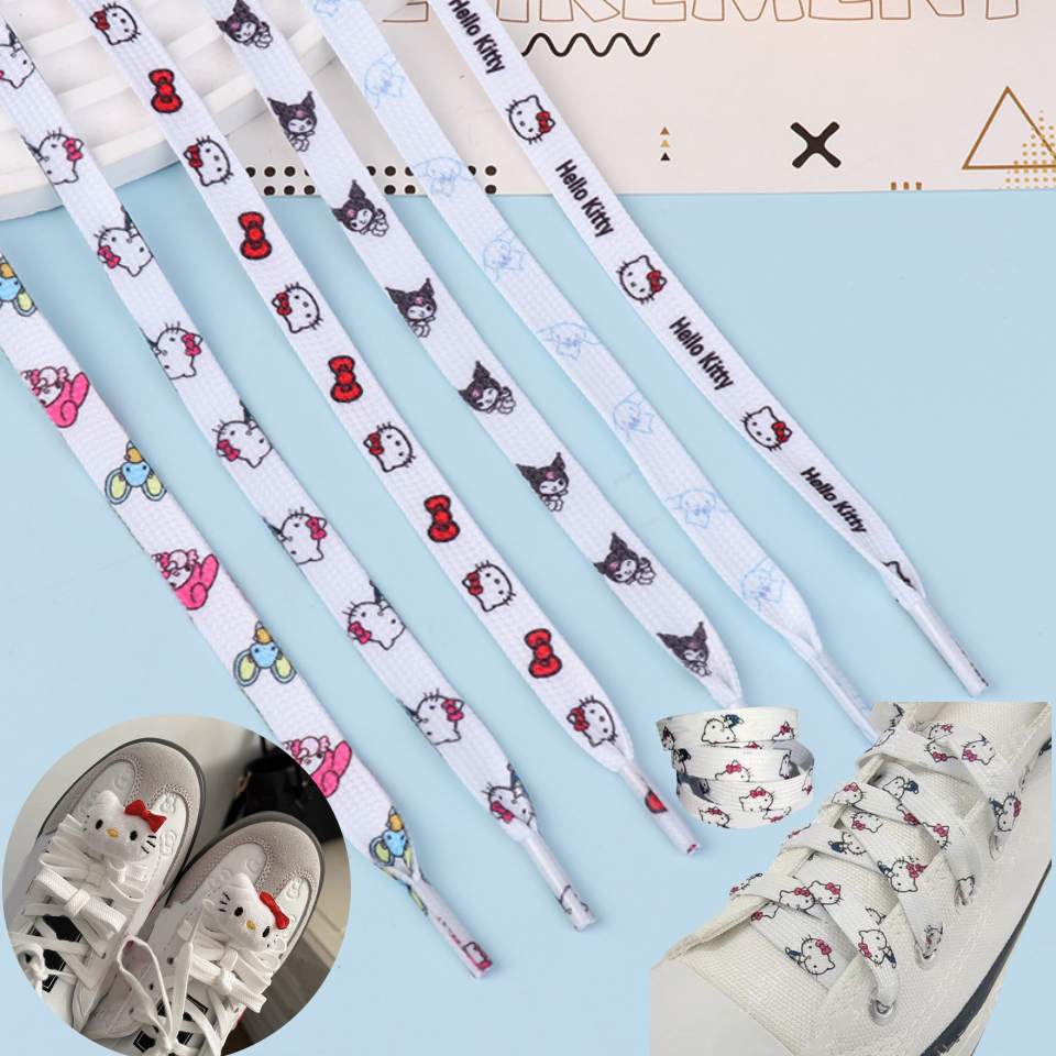 Annapink.th 2 ชิ้น Sanrio Shoelaces การ์ตูนอบเชย Kuromi Hello Kitty แฟชั่นรองเท้าแบน Laces อุปกรณ์เสริมเชือกผูกรองเท้า 120 ซม.สาวของขวัญ EN
