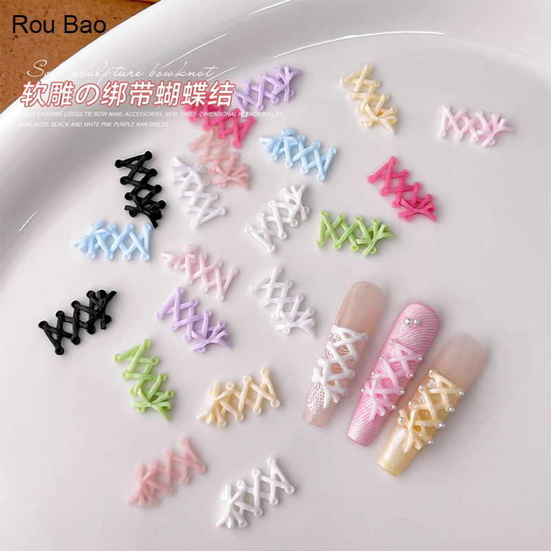 Rou Bao 50 ชิ้นเล็บแกะสลักนุ่ม Cross ผูก Bow Tie สีสัน Girly เรซิ่นเล็บ Art DIY Charms ตกแต่ง