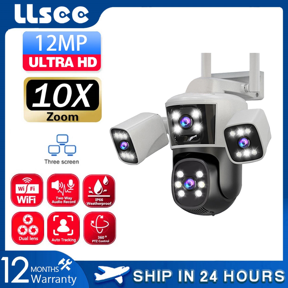 LLSEE 12MP 3 เลนส์ 6K 10X ซูมกลางแจ้งกล้องวงจรปิดกันน้ำไร้สาย WIFI กล้องสมาร์ท 360 สัญญาณเตือนการเฝ้าระวัง PTZ ควบคุมกล้อง IP การติดตามการเคลื่อนไหวที่มีสีสัน Night Vision พูดคุยสองทาง