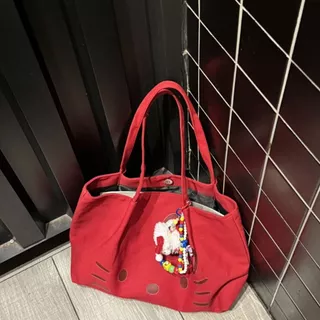 กระเป๋าผ้าใบความจุขนาดใหญ่แบบใหม่กระเป๋าโท้ท Hello Kitty และกระเป๋าสะพายถือนักเรียนน่ารัก