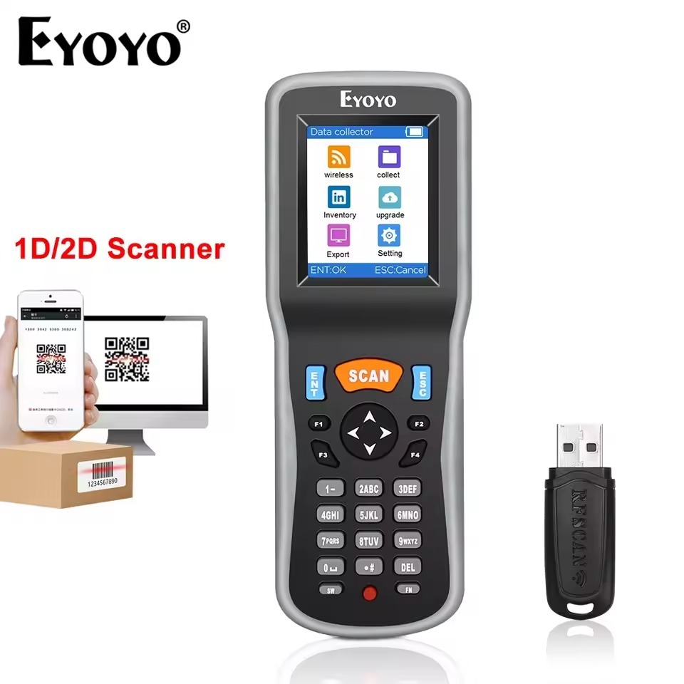Eyoyo หน้าจอ LCD แบบพกพา 2D QR Code Scanner ที่เก็บข้อมูลมือถือ เคาน์เตอร์สินค้าคงคลัง พร้อมตัวรับสัญญาณ USB สำหรับจัดส่งสินค้าโลจิสติกส์ สินค้าคลังสินค้า ห้างสรรพสินค้าปลีก ห้องสมุด คลังสินค้า