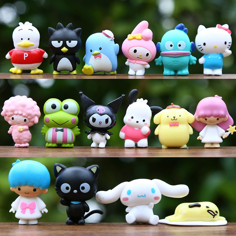 16 ชิ้น/เซ็ตอะนิเมะการ์ตูน Kuromi Hello Kitty Cinnamoroll Pom Pom Purin Badtz-maru Kerppi Hangyodon รุ่น Q PVC ตัวเลขการกระทําตุ๊กตาของเล่น
