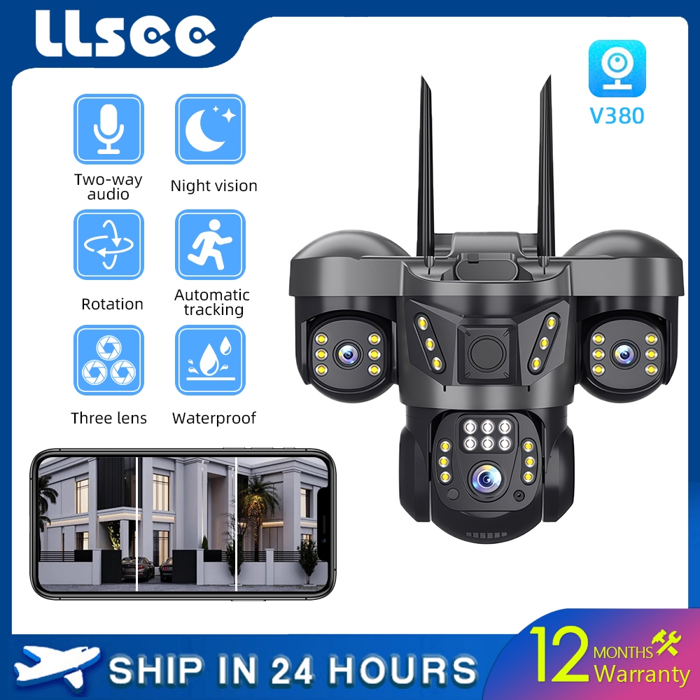 LLSEE V380 สามเลนส์ 6K 12MP กล้องไร้สายกลางแจ้ง 4G ซิมการ์ดบ้านกันน้ำ 360 การเคลื่อนไหวการติดตามสัญญ