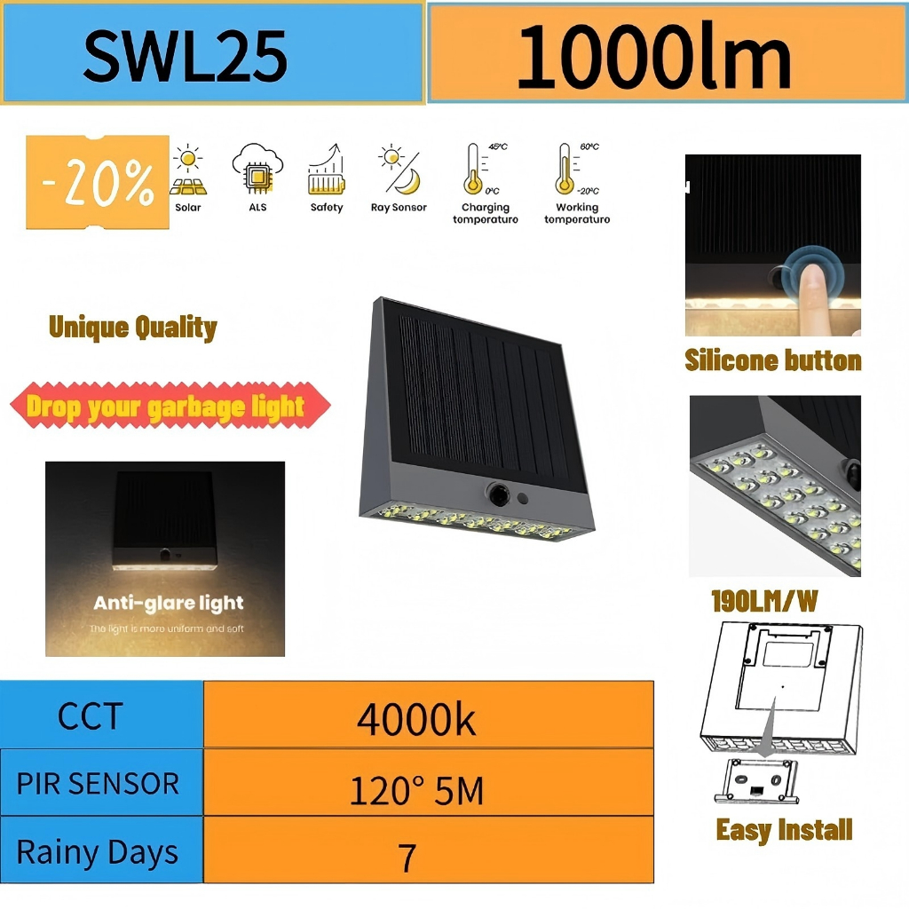 Solar light SWL25 SOLAR WALL LIGHT LED DECORATION LIGHT 1000LM