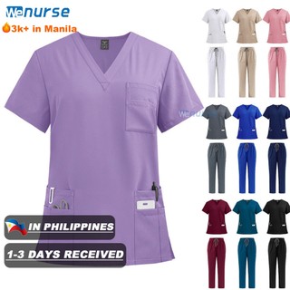 【XS-XXL🇵🇭MALINA READY STOCK】Fashion Women Men Unisex Elastic Wrinkle Resistant Breathable Scrub Suit Set with cargo pants white Doctor Nurse