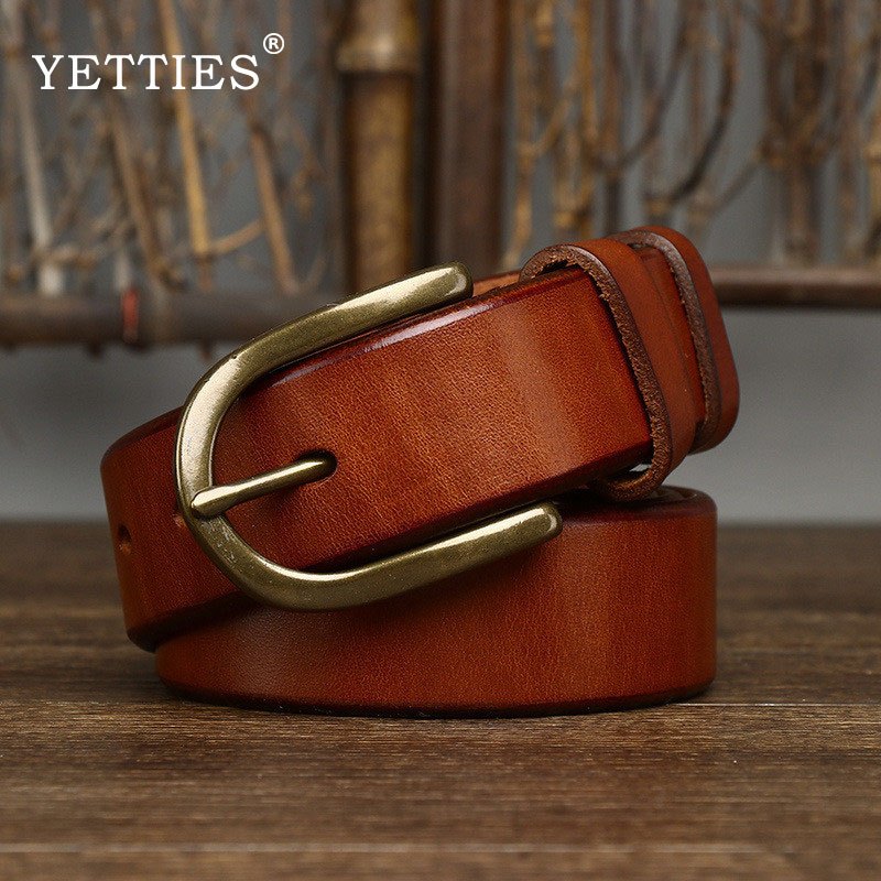 YETTIES 3.3ซม ชั้นแรก หนังวัว ที่มีคุณภาพสูงเข็มขัดหนังแท้สําหรับผู้ชายสายชายทองเหลืองหัวเข็มขัดกางเกงยีนส์เข็มขัด